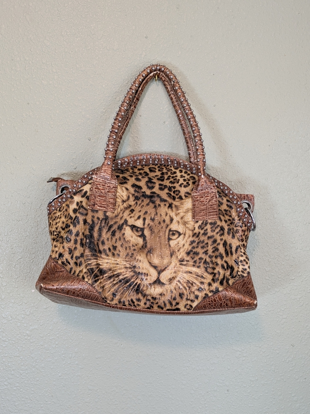 Leopard Face Faux Fur Tote Bag with Brown Trim